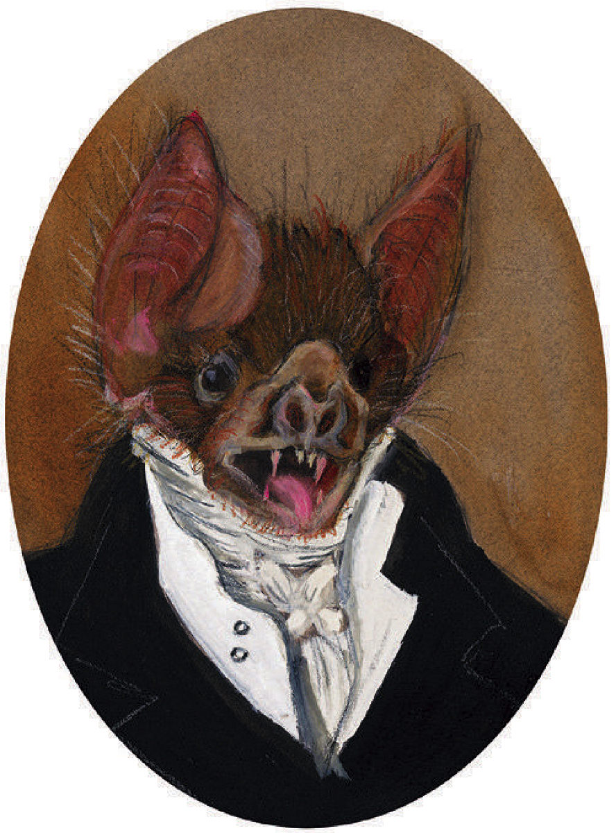 Painting of a bat in a formal evening dress