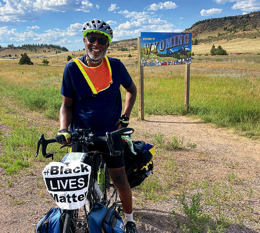 Scott Edwards on his bike while cycling across the United States