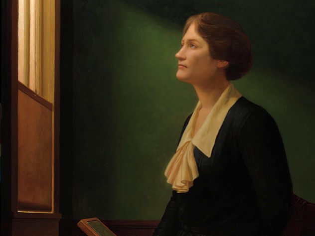 Posthumous portrait of astronomer Cecilia Payne-Gaposchkin looking up and through a window, echoing Vermeer’s painting “The Astronomer”