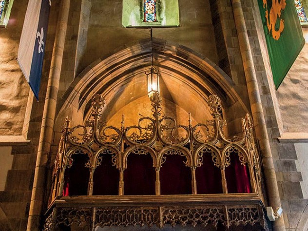 Ornate stonework and stained glass in the cathedral-like Great Hall