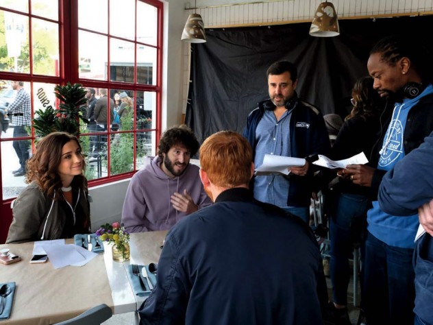 Schaffer works on a scene with star Dave Burd (second from left) and other cast members from “Dave.”