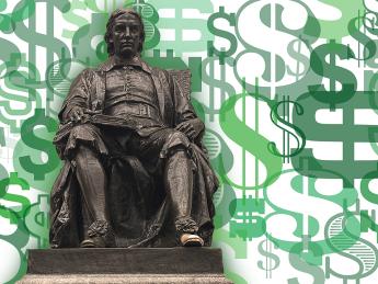 Illustration showing the John Harvard Statue against a collage of dollar signs in green