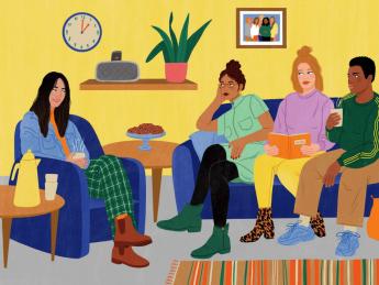 Four young women of different ethnic backgrounds converse in a homey lounge 