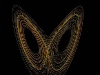 A stylized plot of Lorenz's "butterfly effect" model against a black background with gold-toned curves wrapping themselves around unshown x and y axes, resembling the wings of a butterfly