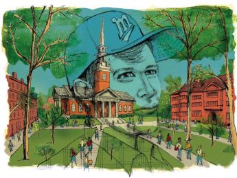 An illustration of Harvard Yard with a superimposed rendering of a youthful male figure contemplating his place at the College