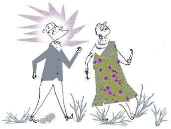 Illustration of a professor striving to keep up with a fast-walking elderly Hadza woman