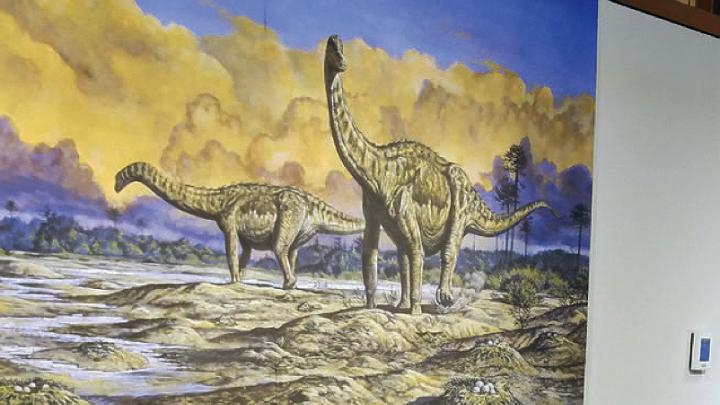 mural of dinosaurs and boy touching a fossil
