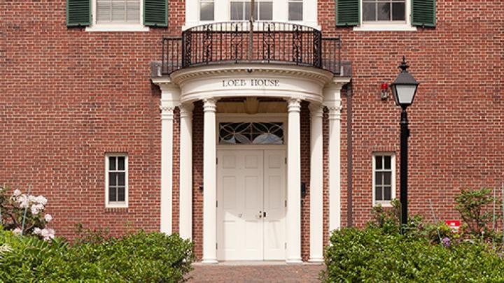 A photograph of the entrance to Loeb House, where Harvard’s governing boards meet.