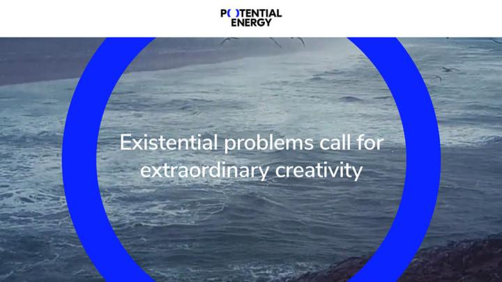 The homepage of the nonprofit Potential Energy Coalition, showing a blue circle superimposed on a black-and-white photograph of the ocean