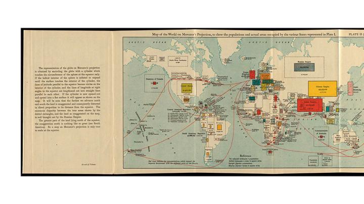 1916 world map showing populations and actual areas occupied by various countries