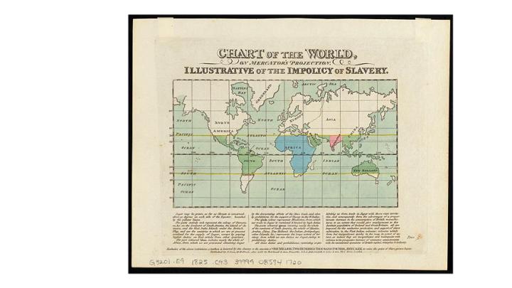 Map of the world, ca. 1825, showing "the impolicy of slavery"