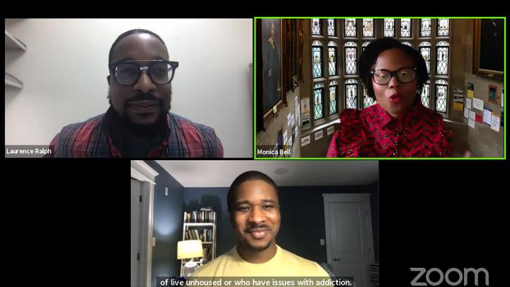 Screenshot of Zoom conversation with Laurence Ralph, Monica Bell, and Brandon Terry