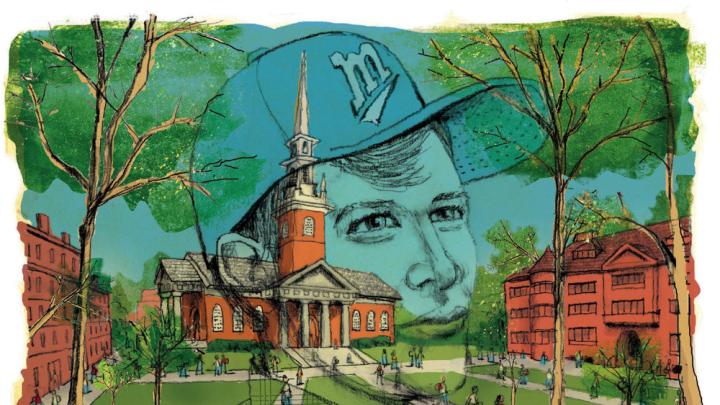 An illustration of Harvard Yard with a superimposed rendering of a youthful male figure contemplating his place at the College