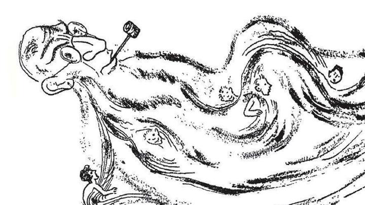 Illustration of bearded farmer, from anthology of Yiddish children’s literature