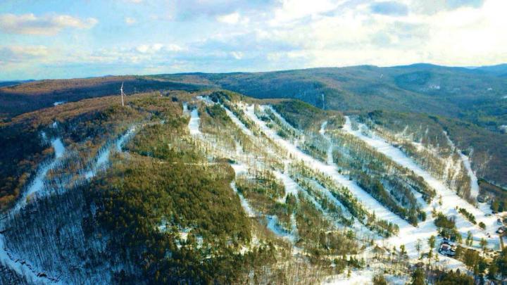 Aerial view of Berkshire East shows various trails, from beginner to skier-designed black-diamond routes
