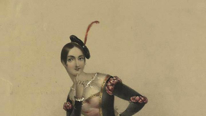 A portrait of ballerina Pauline Leroux in Scottish attire